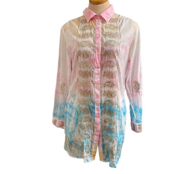 Soft Surroundings Gilded Paisley Tie-Dye Tunic Top Button Up Sequin Sz Medium - Picture 1 of 9